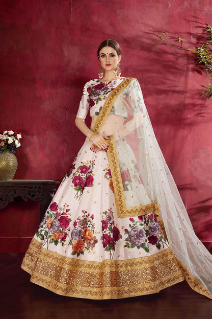 Off White Silk Lehenga With Floral Print Dori Zari And Sequins Embroidery Work
