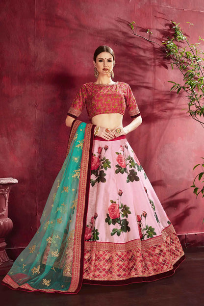 Rose Pink Silk Lehenga With Floral Print Dori Zari And Sequins Embroidery Work