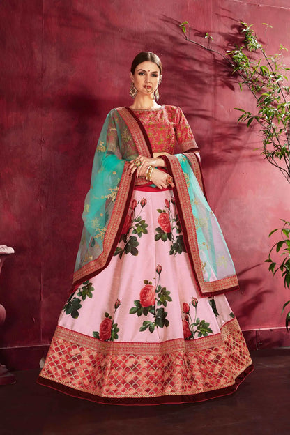 Rose Pink Silk Lehenga With Floral Print Dori Zari And Sequins Embroidery Work