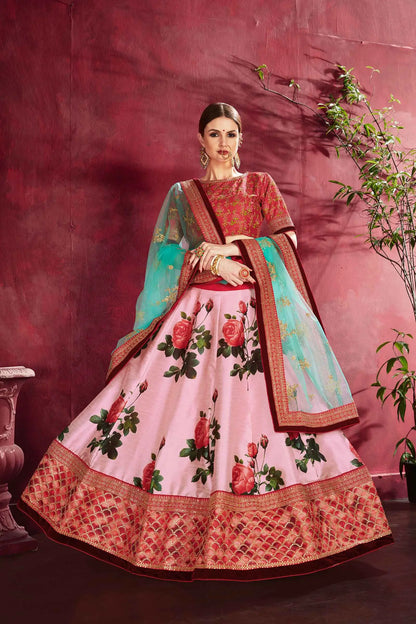 Rose Pink Silk Lehenga With Floral Print Dori Zari And Sequins Embroidery Work