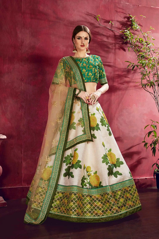 Cream Green Silk Lehenga With Floral Print Dori Zari And Sequins Embroidery Work