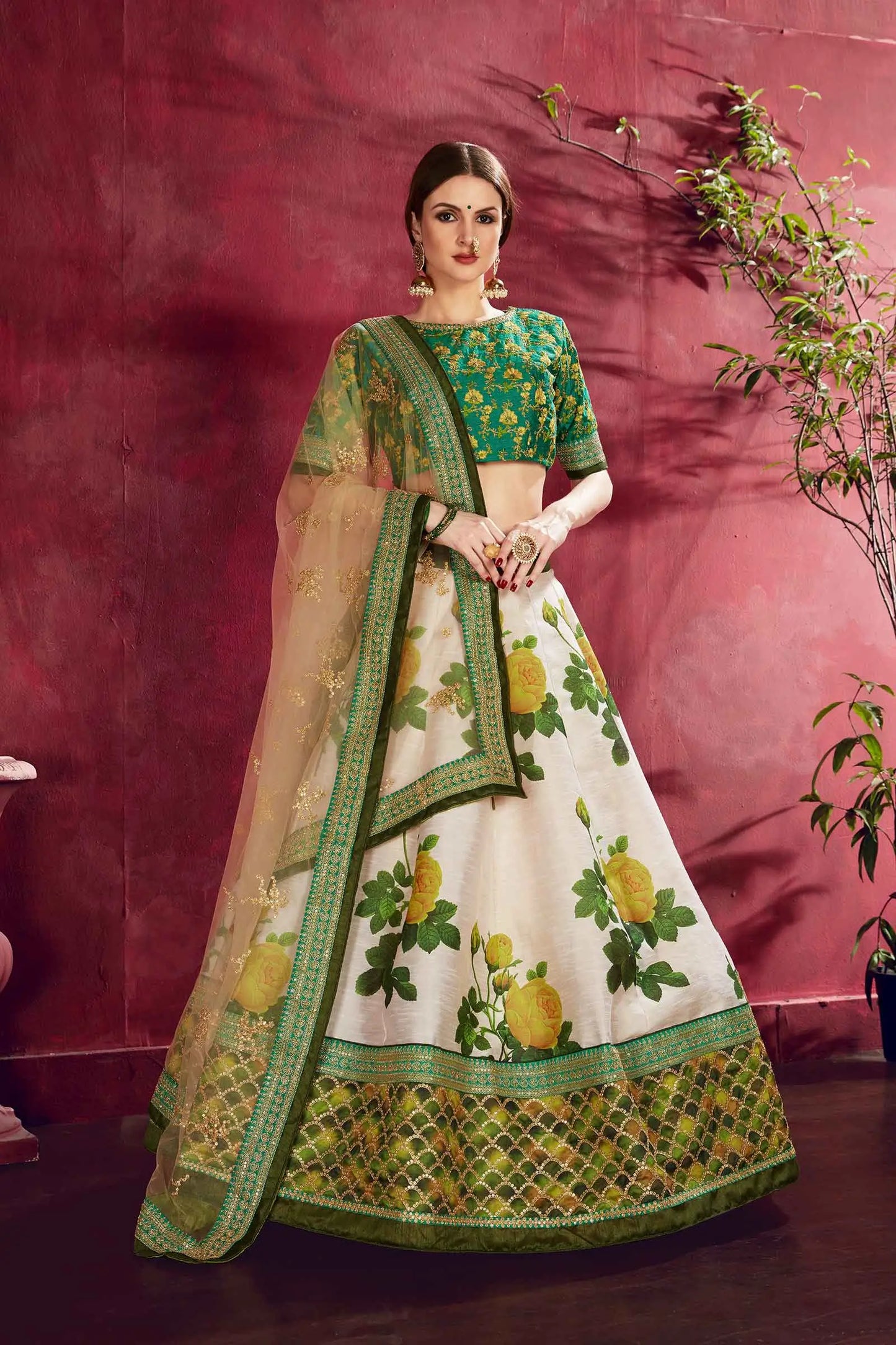 Cream Green Silk Lehenga With Floral Print Dori Zari And Sequins Embroidery Work