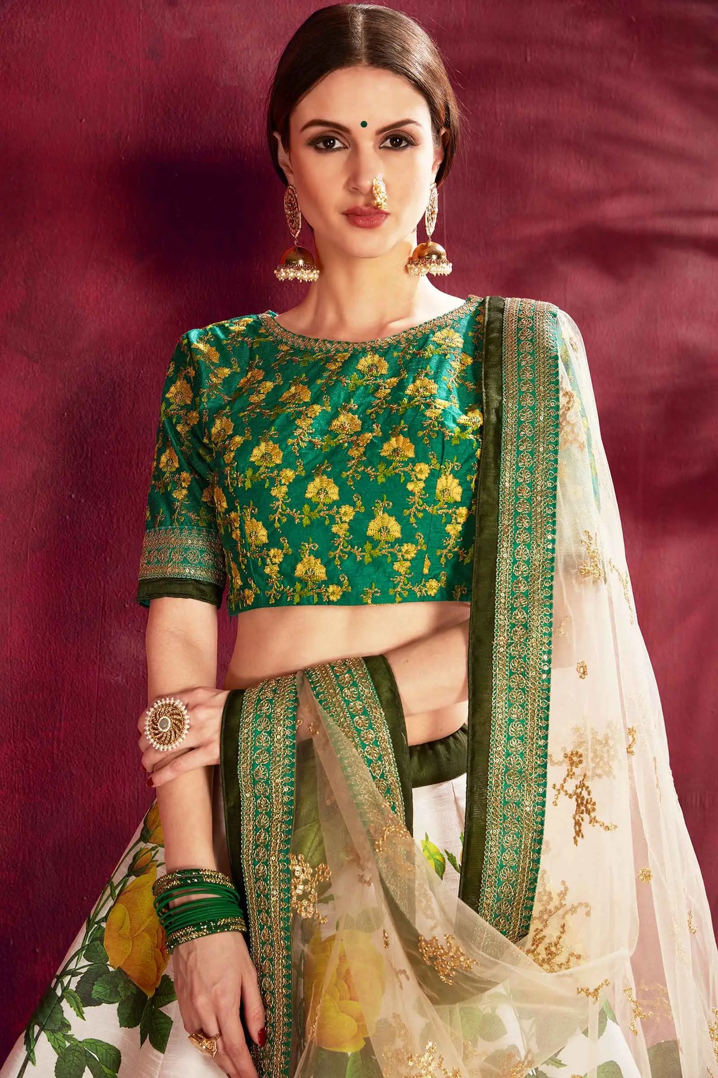 Cream Green Silk Lehenga With Floral Print Dori Zari And Sequins Embroidery Work