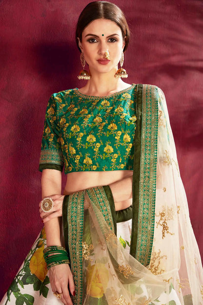 Cream Green Silk Lehenga With Floral Print Dori Zari And Sequins Embroidery Work