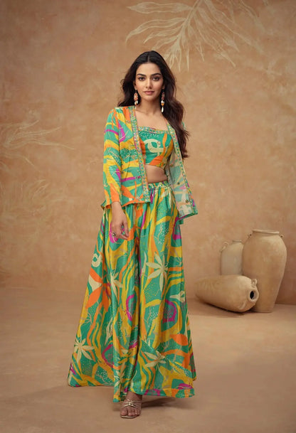 Sea Green Multicolor Chinon Silk Indo Western With Print & Embroidery