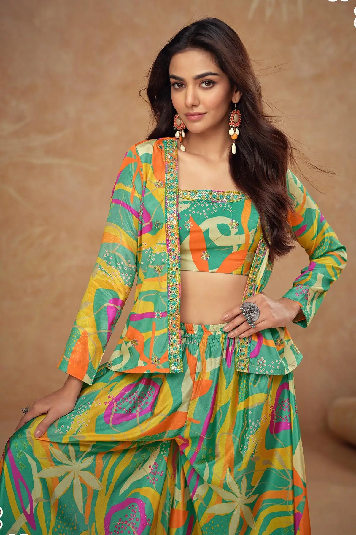 Sea Green Multicolor Chinon Silk Indo Western With Print & Embroidery