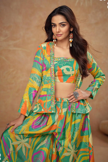 Sea Green Multicolor Chinon Silk Indo Western With Print & Embroidery