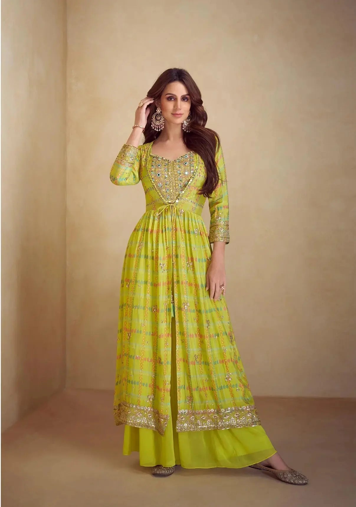 Lime Yellow Multicolor Chinon Silk Indo Western Set With Print, Embroidery & Hand Work