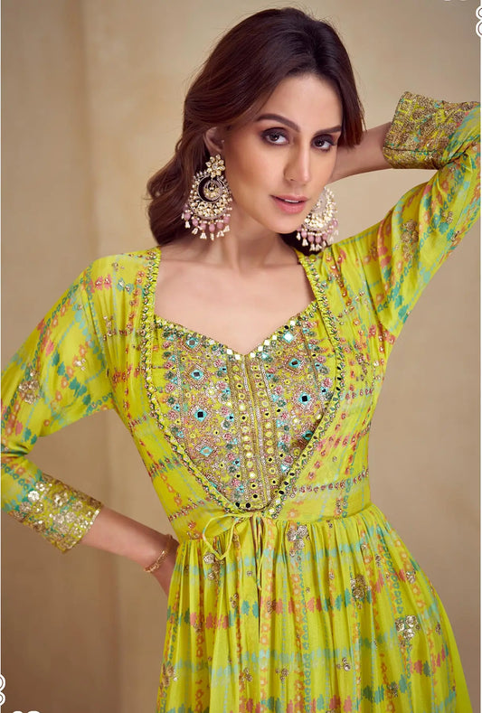 Lime Yellow Multicolor Chinon Silk Indo Western Set With Print, Embroidery & Hand Work
