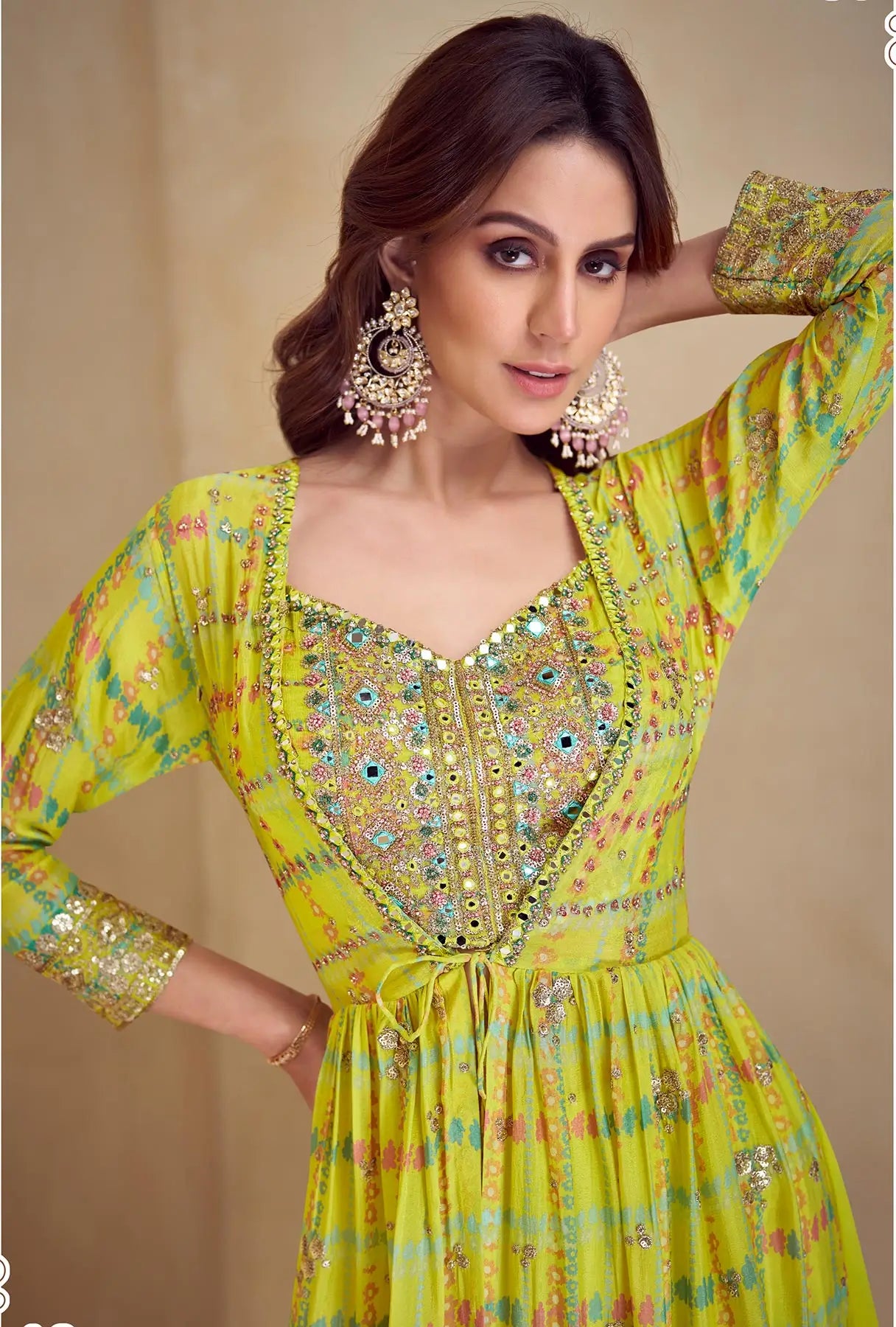 Lime Yellow Multicolor Chinon Silk Indo Western Set With Print, Embroidery & Hand Work