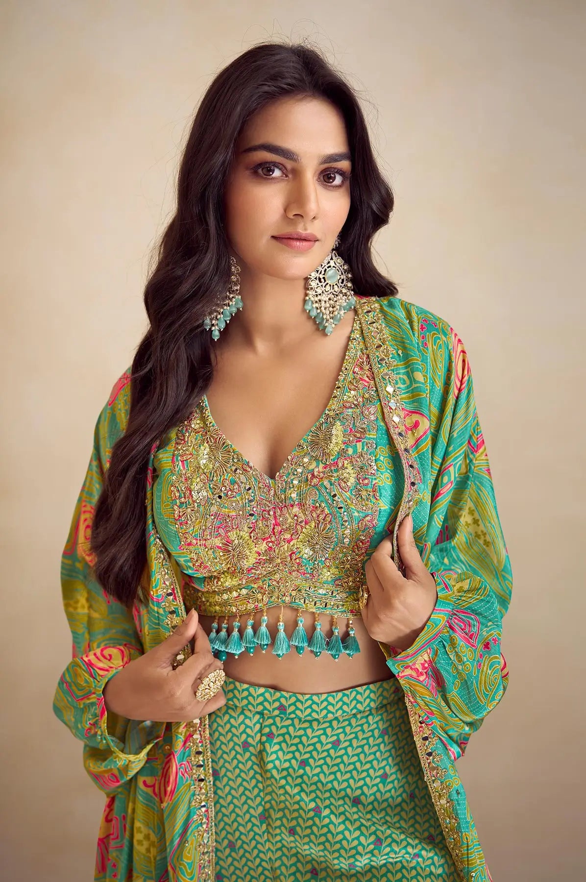 Pista Green Multicolor Chinon Silk Indo Western Set With Print, Embroidery & Hand Work