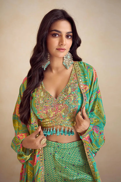 Pista Green Multicolor Chinon Silk Indo Western Set With Print, Embroidery & Hand Work