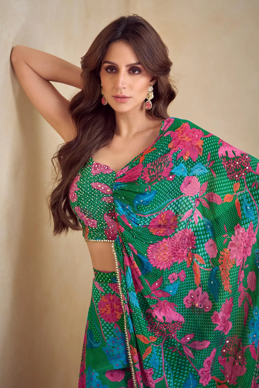 Green Multicolor Chinon Silk Indo Western Set With Print, Embroidery & Hand Work