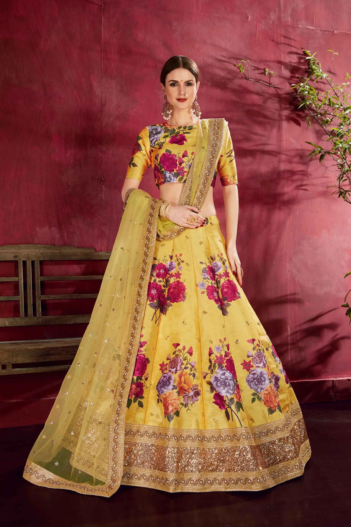 Yellow Silk Lehenga With Floral Print Dori Zari And Sequins Embroidery Work
