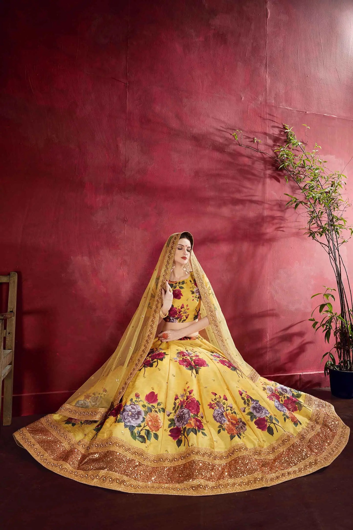 Yellow Silk Lehenga With Floral Print Dori Zari And Sequins Embroidery Work