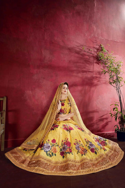 Yellow Silk Lehenga With Floral Print Dori Zari And Sequins Embroidery Work