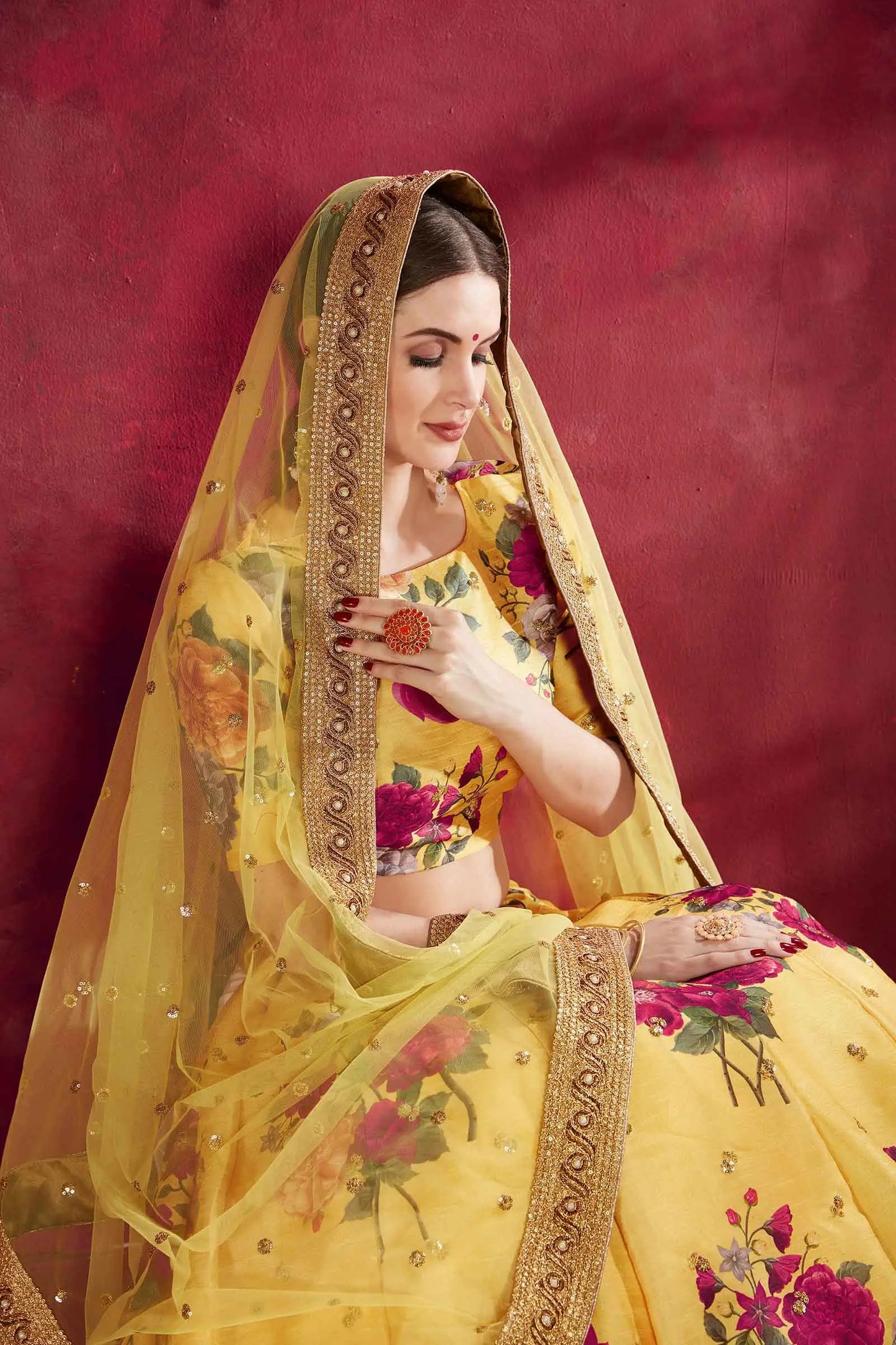 Yellow Silk Lehenga With Floral Print Dori Zari And Sequins Embroidery Work
