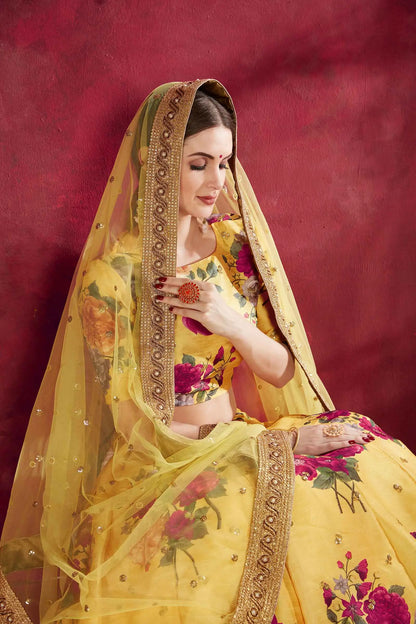 Yellow Silk Lehenga With Floral Print Dori Zari And Sequins Embroidery Work