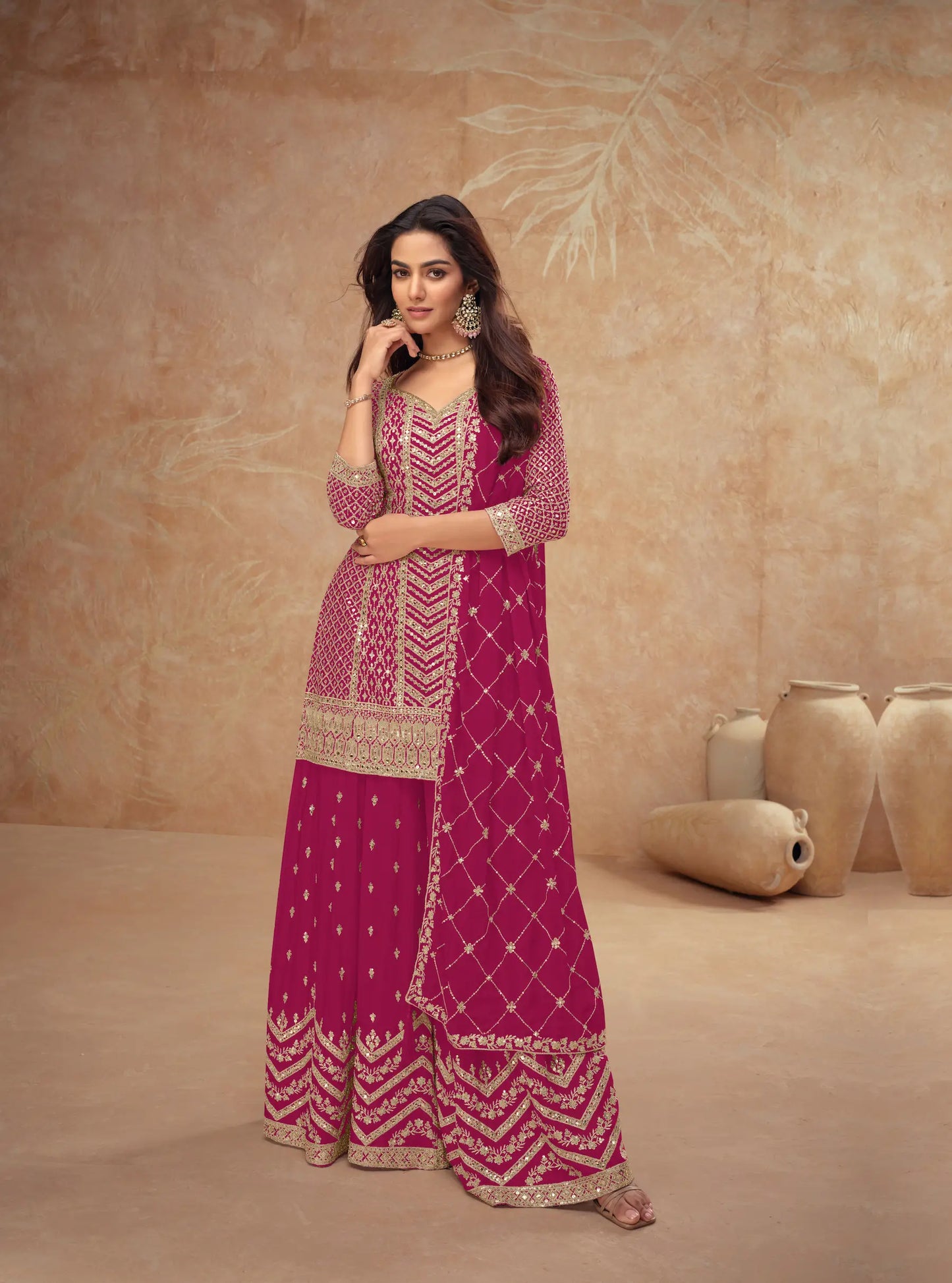 Dark Pink Chinon Silk Embroidery Plazzo Suit