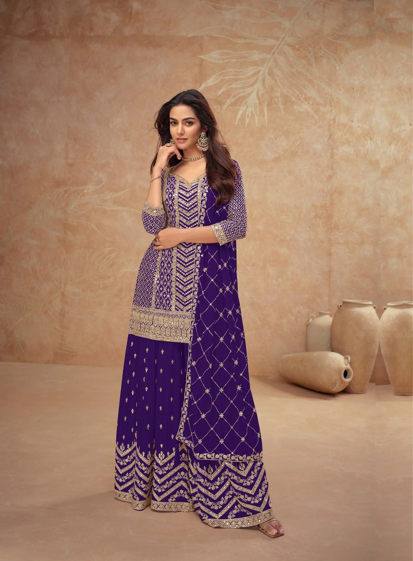 Dark Purple Chinon Silk Embroidery Plazzo Suit