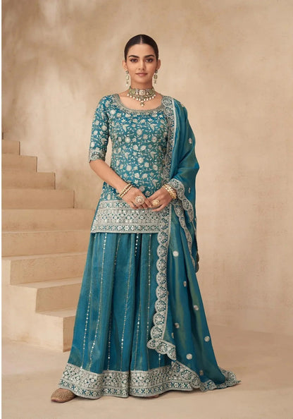 Teal Blue Shimmer Silk Embroidery Work Palazzo Suit