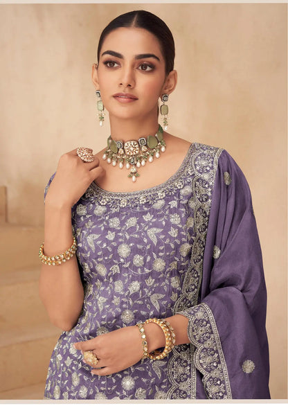Dusty Purple Shimmer Silk Embroidery Work Palazzo Suit
