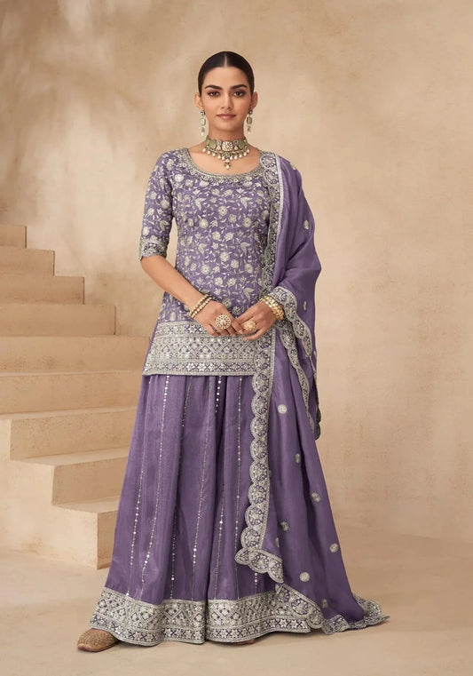 Dusty Purple Shimmer Silk Embroidery Work Palazzo Suit
