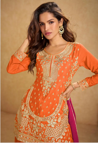 Orange Chinon Silk Palazzo Suit With Mirror & Embroidery Work