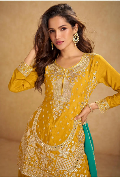Yellow Chinon Silk Palazzo Suit With Mirror & Embroidery Work