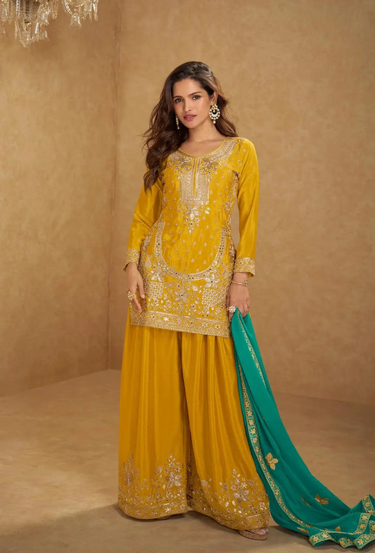 Yellow Chinon Silk Palazzo Suit With Mirror & Embroidery Work