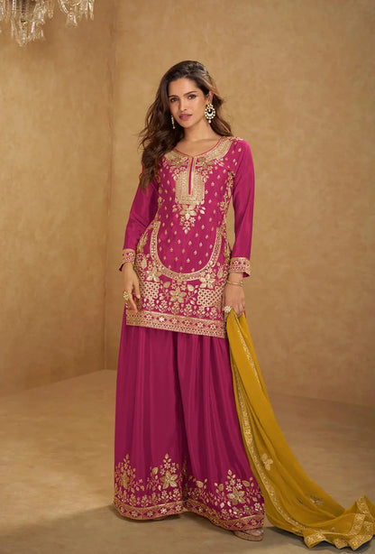 Rani Pink Chinon Silk Palazzo Suit With Mirror & Embroidery Work