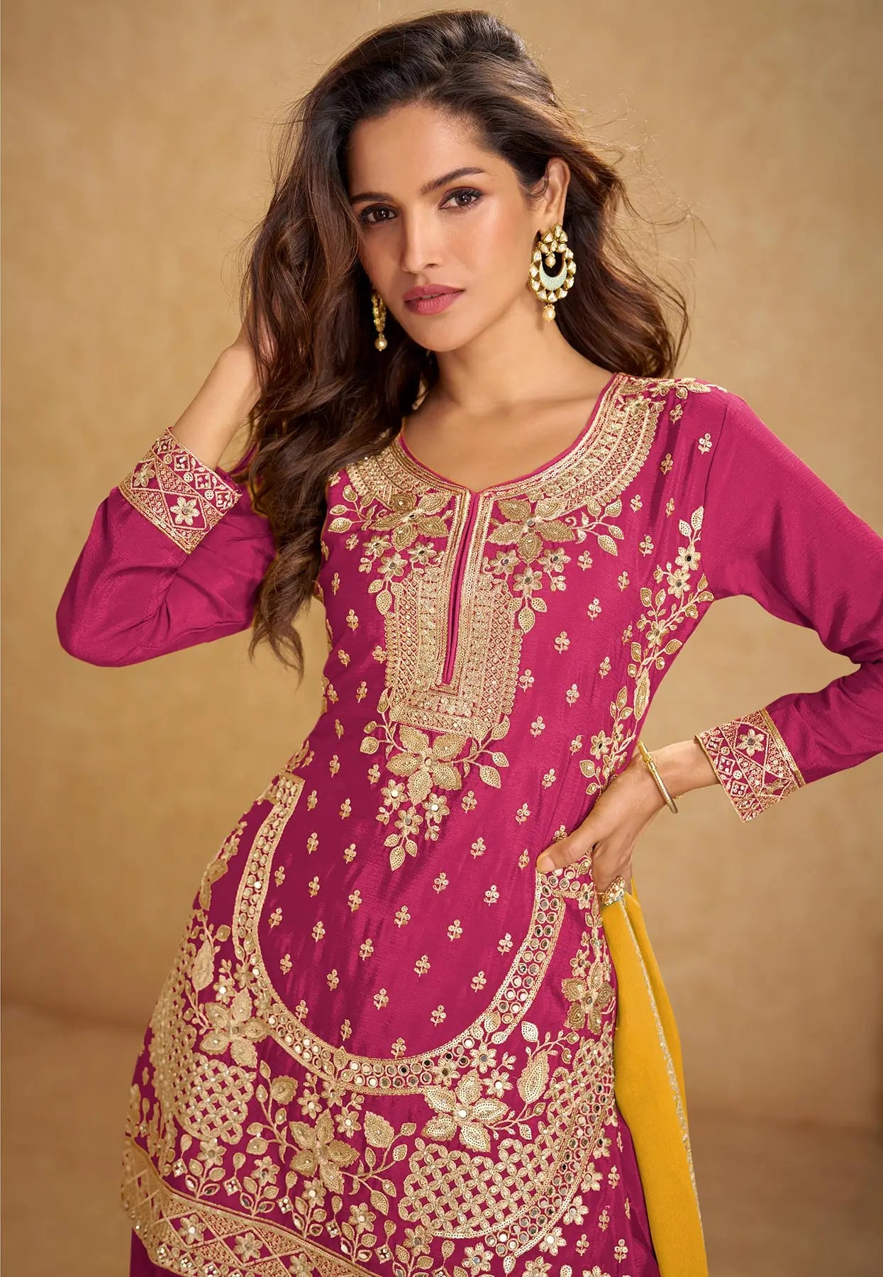Rani Pink Chinon Silk Palazzo Suit With Mirror & Embroidery Work