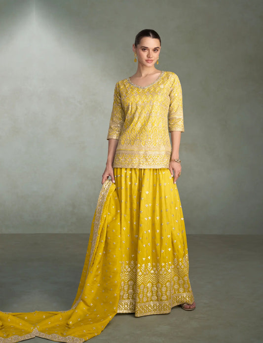 Bright Yellow Shimmer Silk Embroidery Palazzo Suit