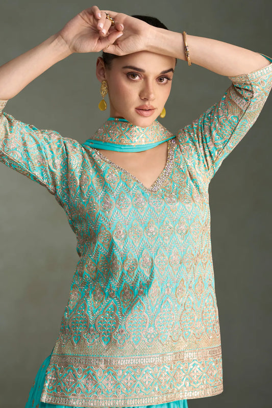 Turquoise Blue Shimmer Silk Embroidery Palazzo Suit