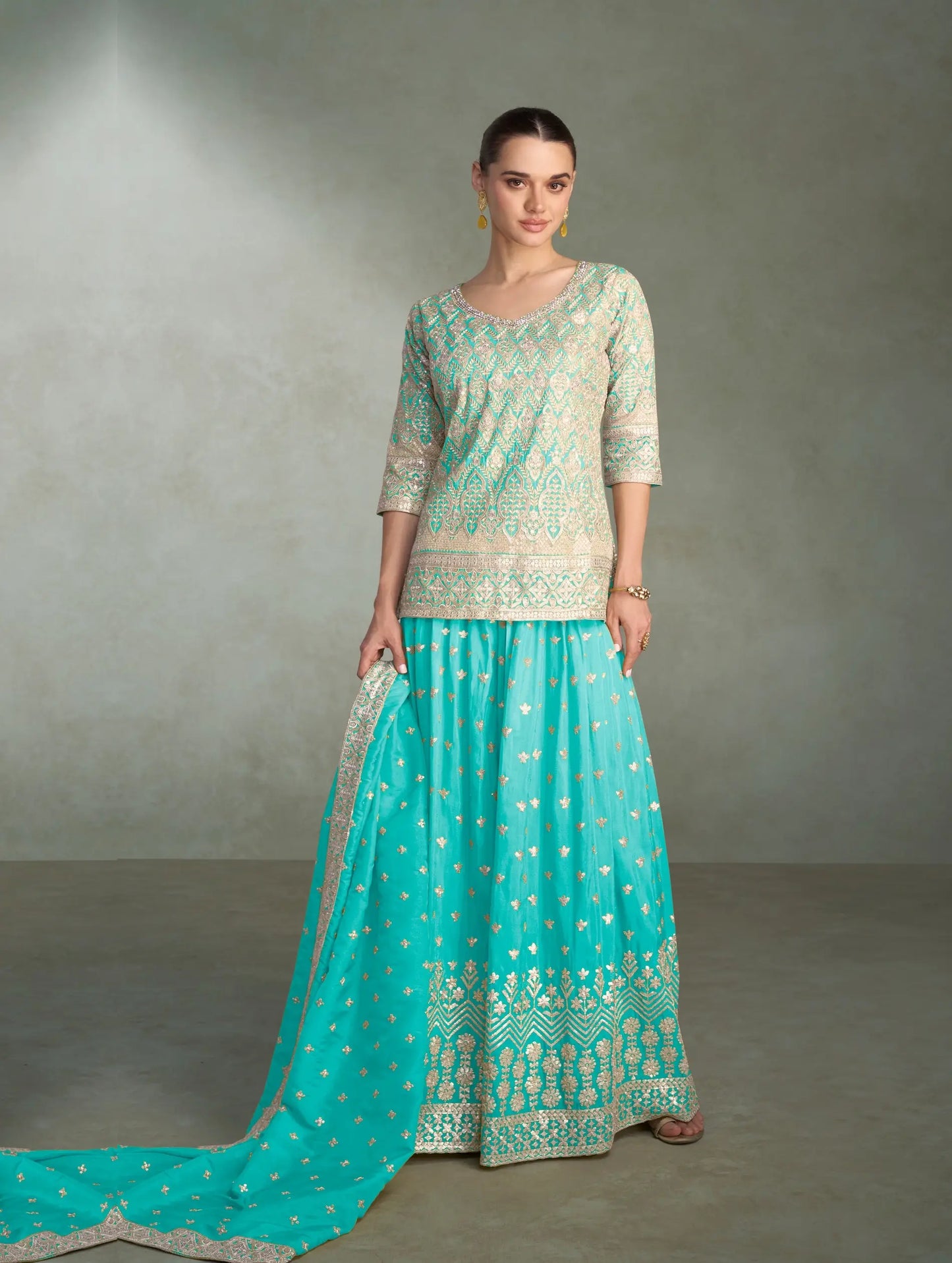 Turquoise Blue Shimmer Silk Embroidery Palazzo Suit