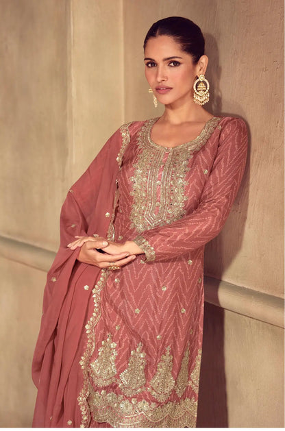 Rust Brown Chinon Silk Print & Embroidery Work Palazzo Suit