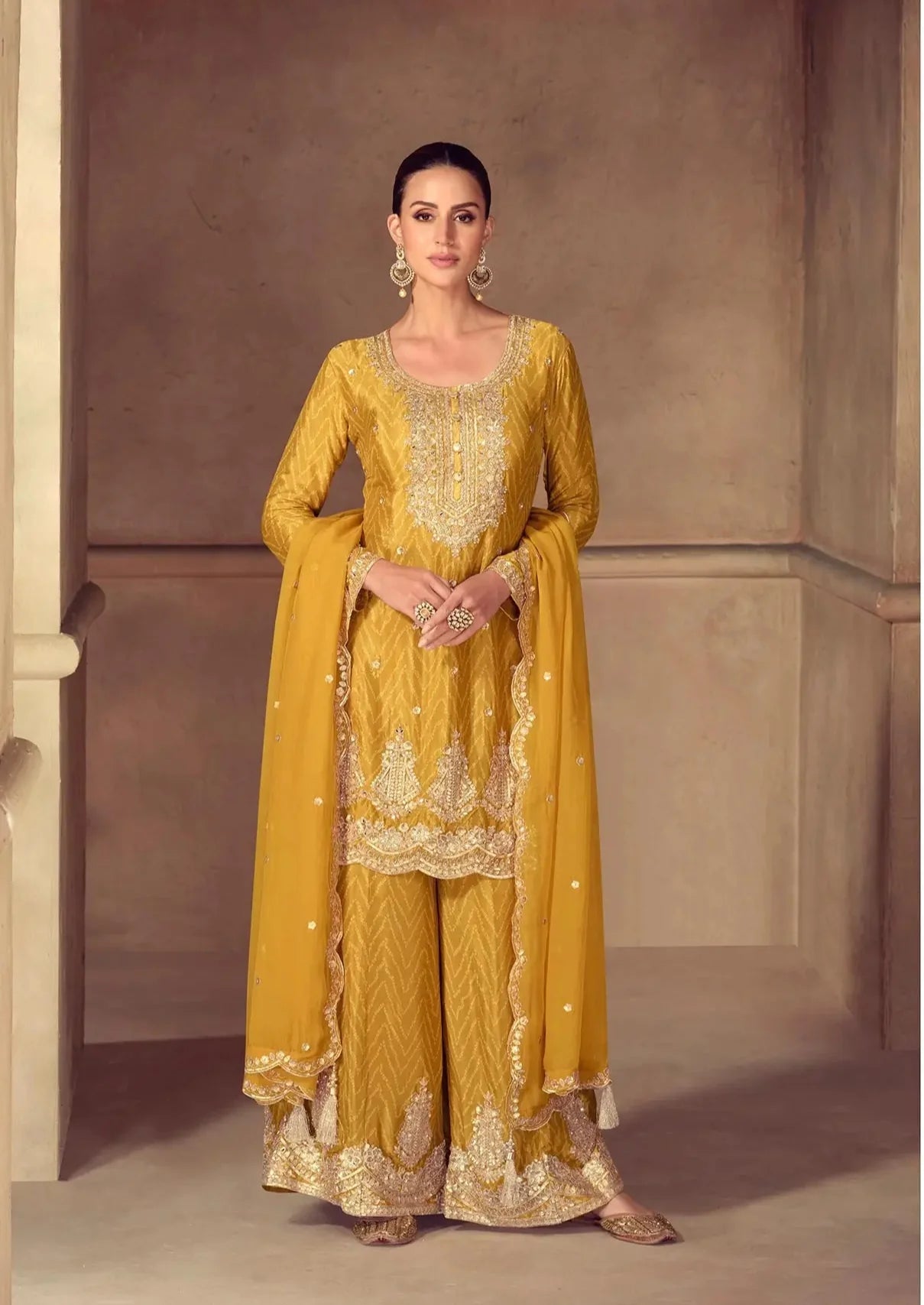 Yellow Chinon Silk Print & Embroidery Work Palazzo Suit