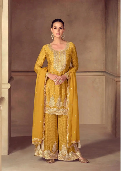 Yellow Chinon Silk Print & Embroidery Work Palazzo Suit