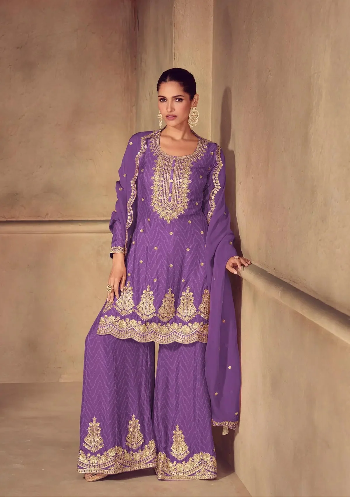Purple Chinon Silk Print & Embroidery Work Palazzo Suit