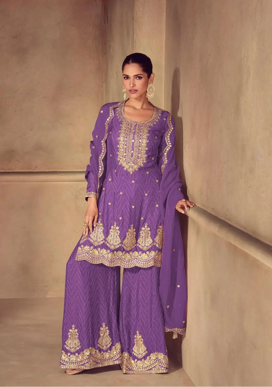 Purple Chinon Silk Print & Embroidery Work Palazzo Suit