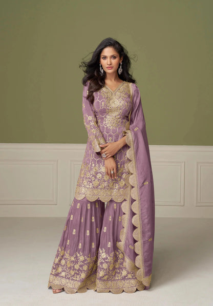 Dull Purple Shimmer Silk Sharara Suit With Mirror & Embroidery Work