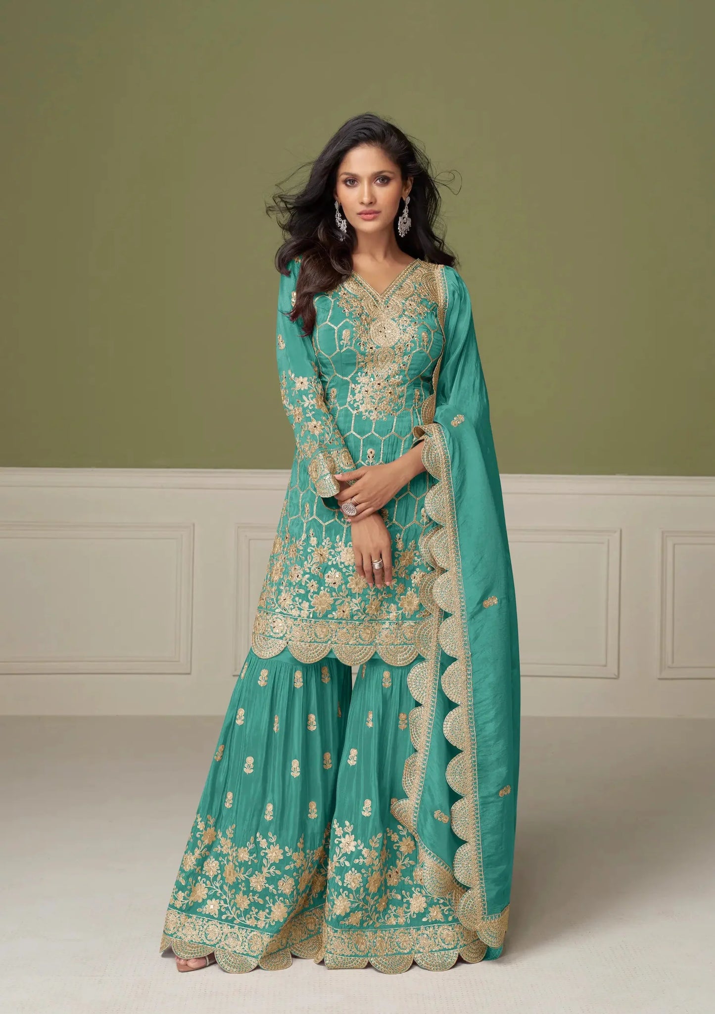 Sea Blue Shimmer Silk Sharara Suit With Mirror & Embroidery Work