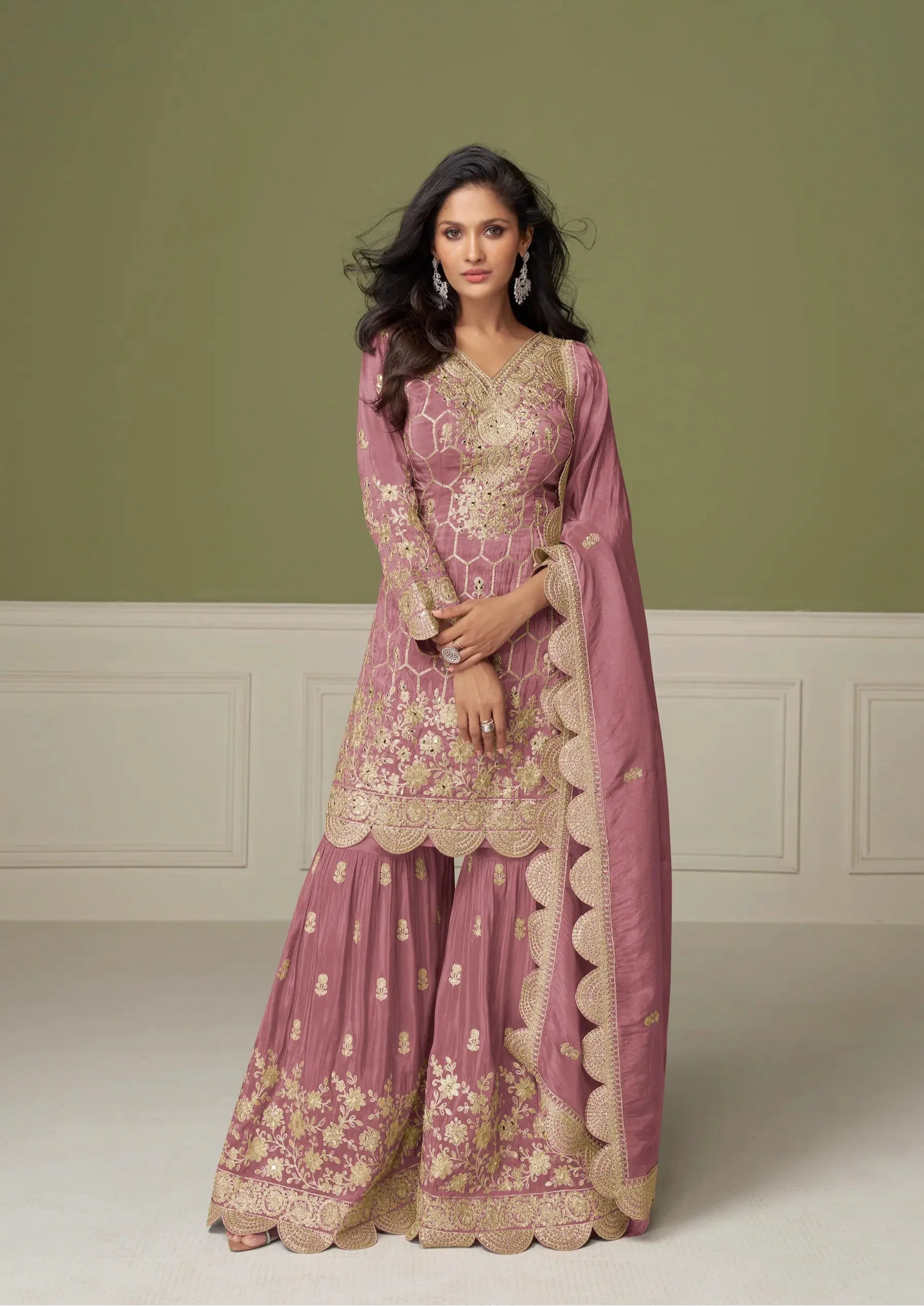 Dusty Pink Shimmer Silk Sharara Suit With Mirror & Embroidery Work