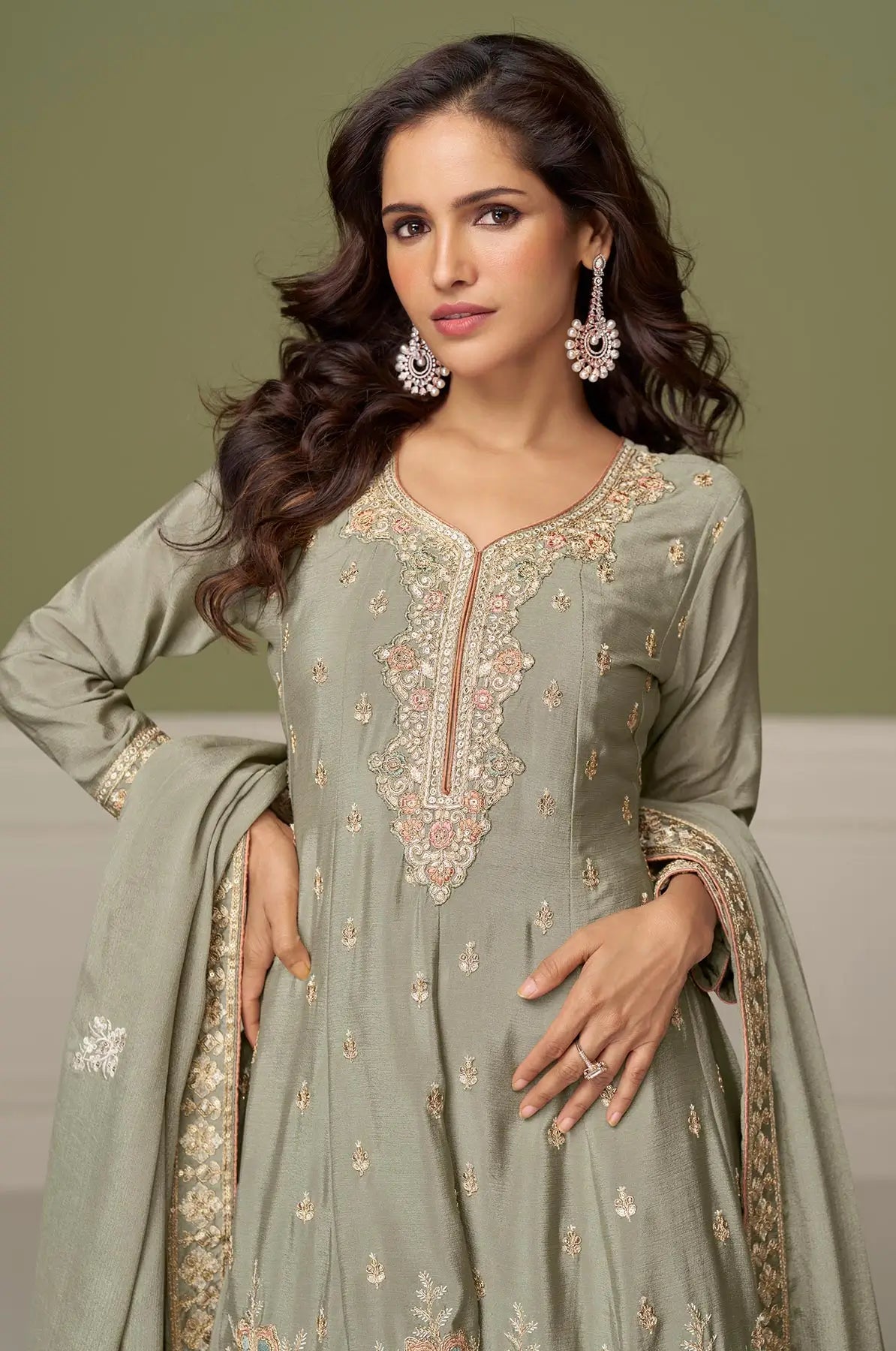 Olive Grey Chinon Silk Embroidery Work Palazzo Suit