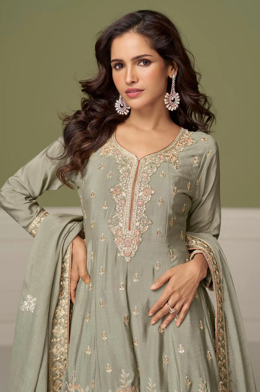 Olive Grey Chinon Silk Embroidery Work Palazzo Suit