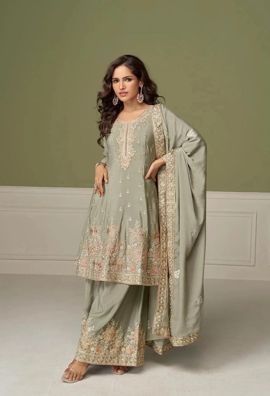 Olive Grey Chinon Silk Embroidery Work Palazzo Suit