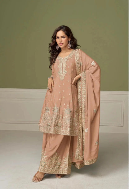 Dusty Peach Chinon Silk Embroidery Work Palazzo Suit