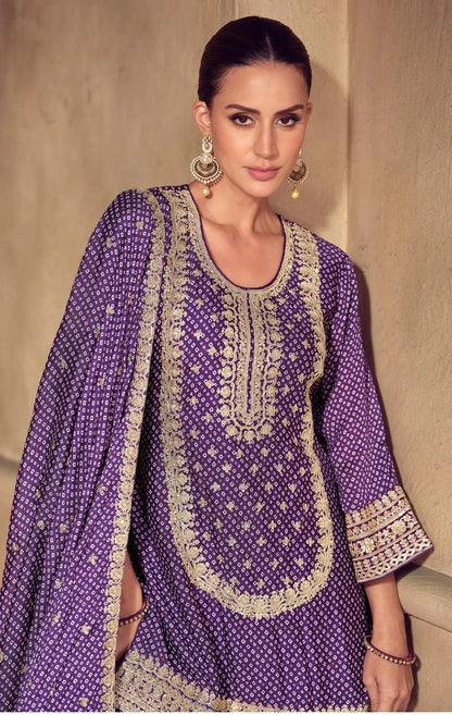 Plum Purple Chinon Silk Print & Embroidery Work Sharara Suit