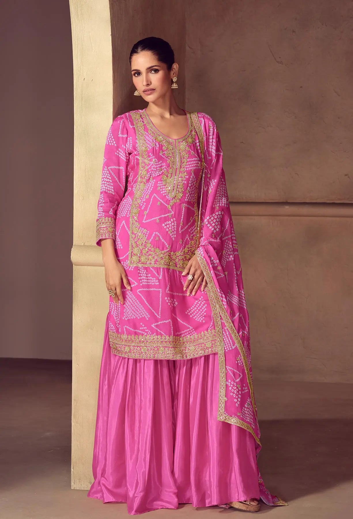 Hot Pink Chinon Silk Print & Embroidery Work Sharara Suit