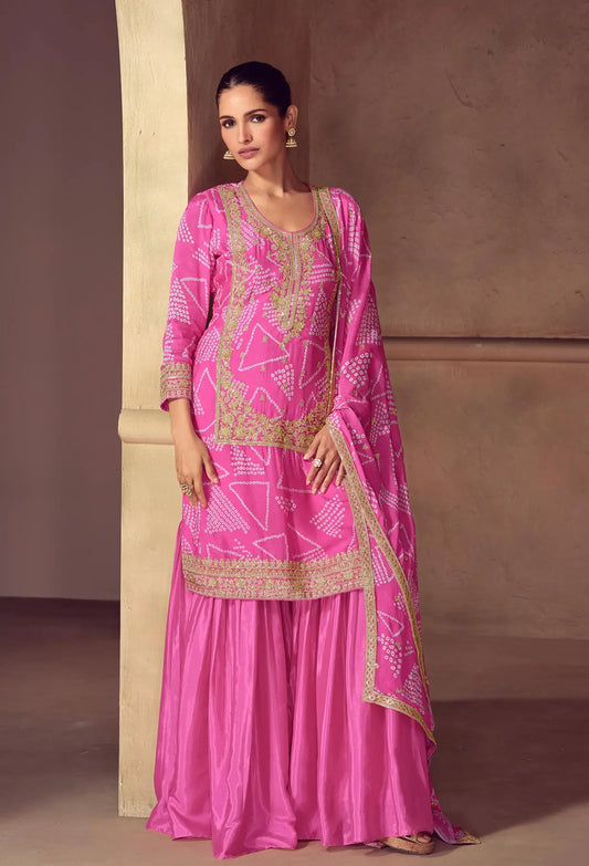 Hot Pink Chinon Silk Print & Embroidery Work Sharara Suit